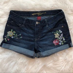 Rolled cuff dark denim floral embroidered shorts